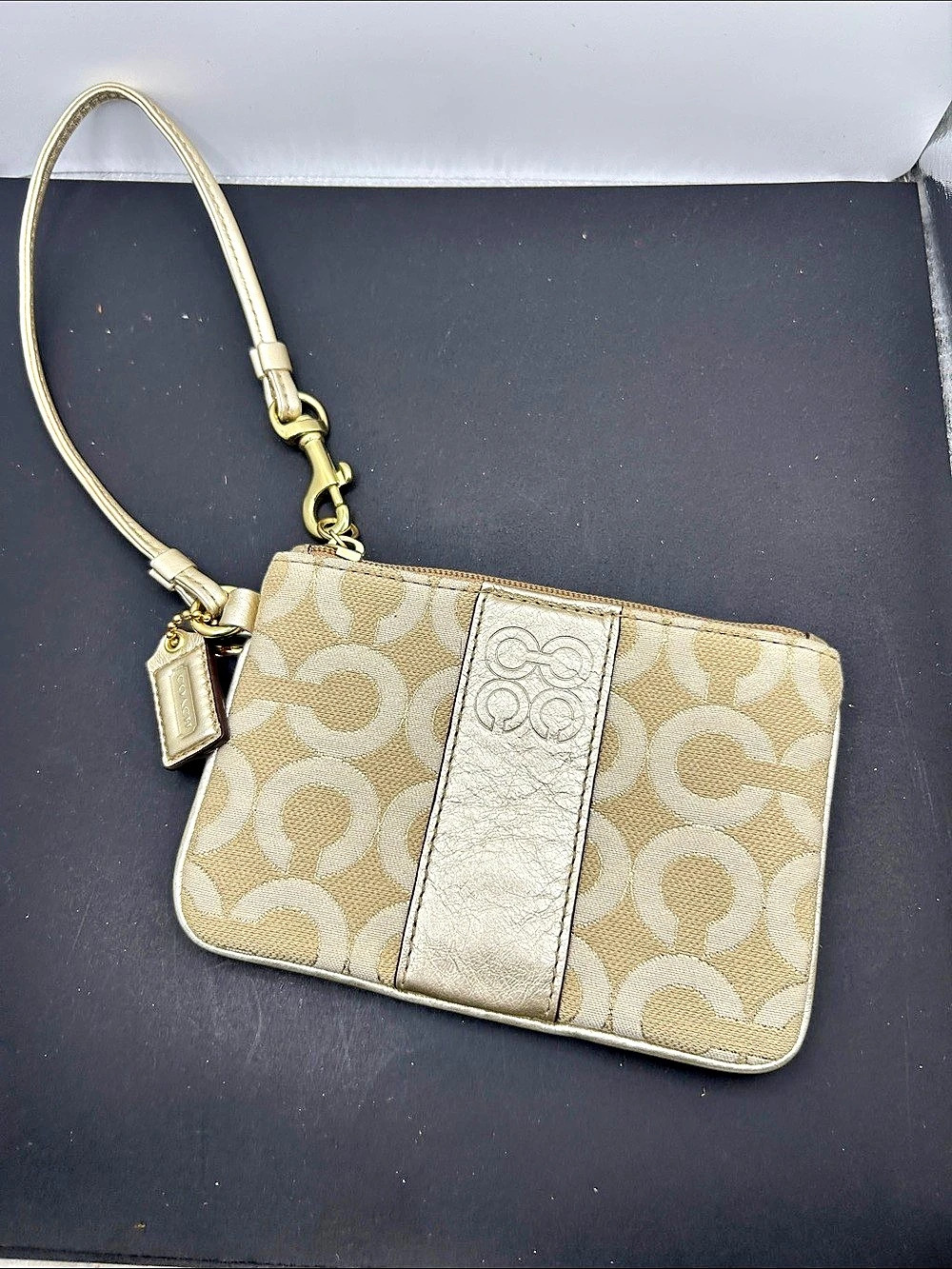 Coach Signature Wristlet in Beige & Gold